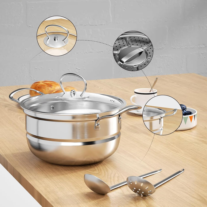 Topfset aus Edelstahl, Grosses Kochgeschirr Induktion-Kochtopf-Set, Töpfe mit Glasdeckel und Stielka