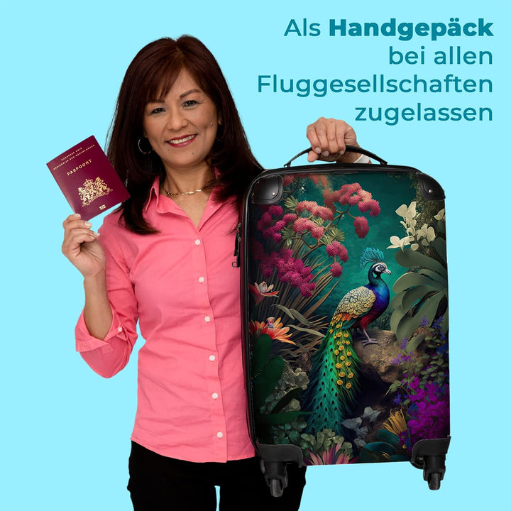 NoBoringSuitcases.com® Koffer Handgepäck Trolley Rollkoffer Kleine Reisekoffer mit 4 Rollen - Pfau -