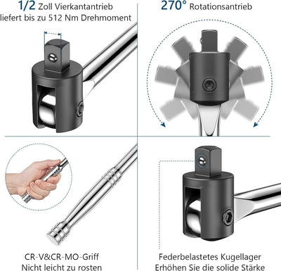 MAXPOWER 450mm Breaker Bar 1/2 zoll Gelenkgriff mit 17 mm/19 mm/21 mm Steckschlüssel 125mm Erweiteru