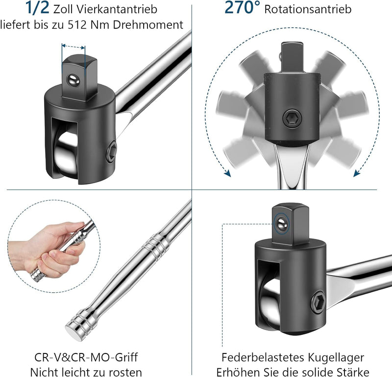 MAXPOWER 450mm Breaker Bar 1/2 zoll Gelenkgriff mit 17 mm/19 mm/21 mm Steckschlüssel 125mm Erweiteru