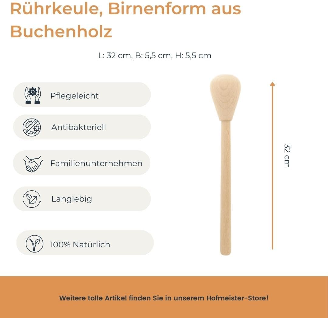 2x HOFMEISTER® Holz-Rührkeule, robuster Passierstab, 32 cm, 1 Stück, zum Kneten von Teig, zum Passie
