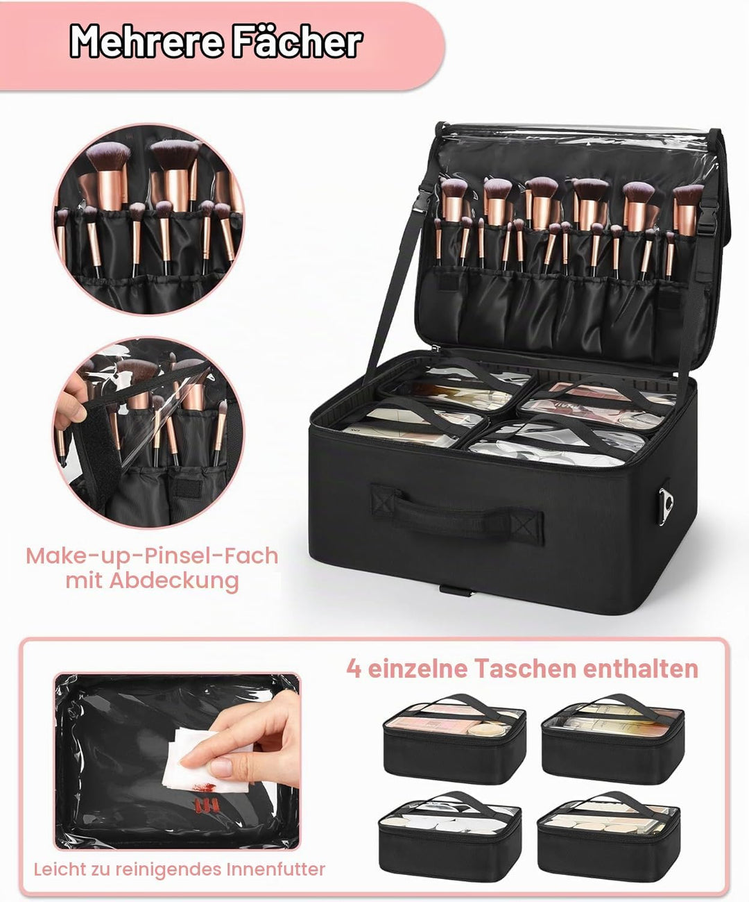 Relavel XXL Make-up-Koffer, Professioneller Kosmetik-Organizer mit Pinselhalter, 4 durchsichtigen Ta