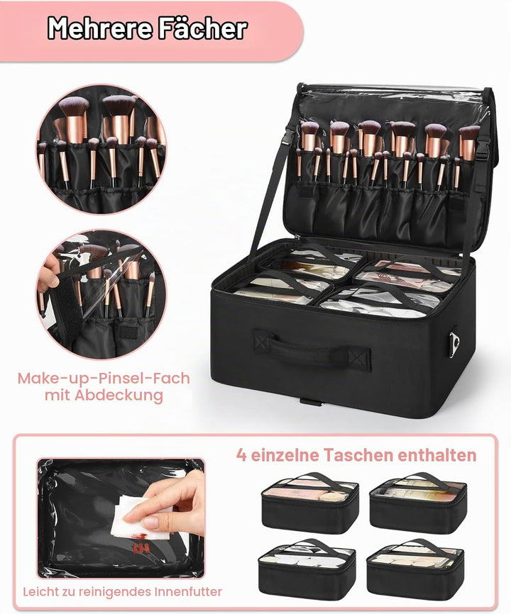 Relavel XXL Make-up-Koffer, Professioneller Kosmetik-Organizer mit Pinselhalter, 4 durchsichtigen Ta