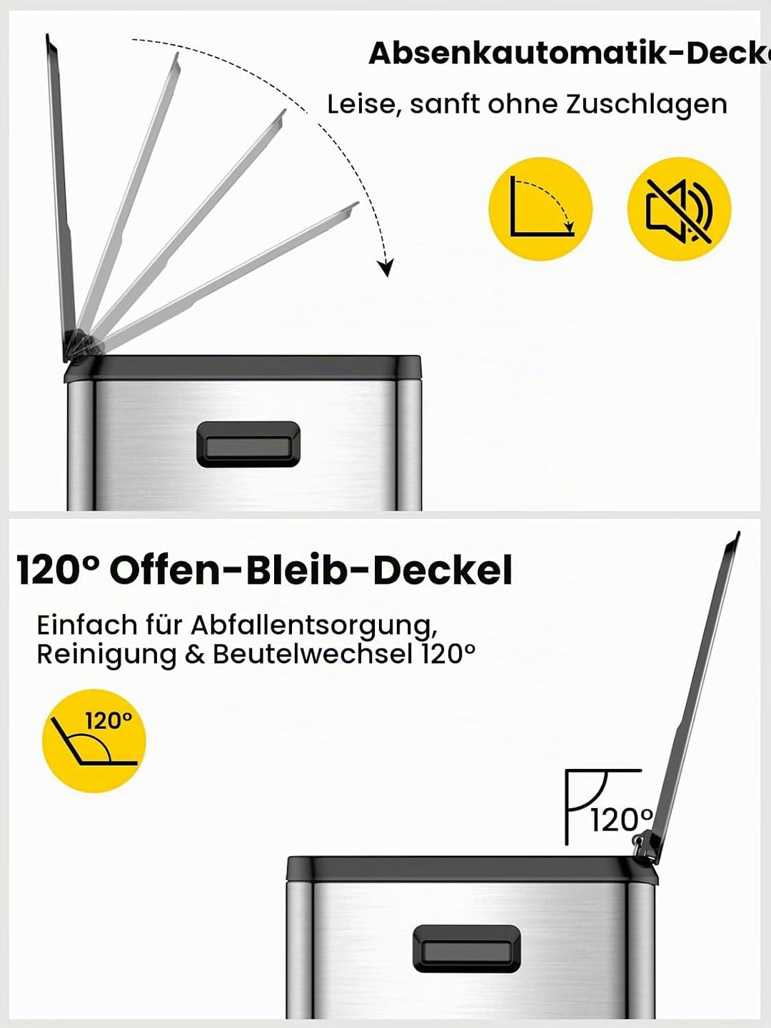 YEAUPE PRO Mülleimer Küche 60L Edelstahl, 2x30L Mülltrennsystem mit Softclose Deckel, Treteimer mit