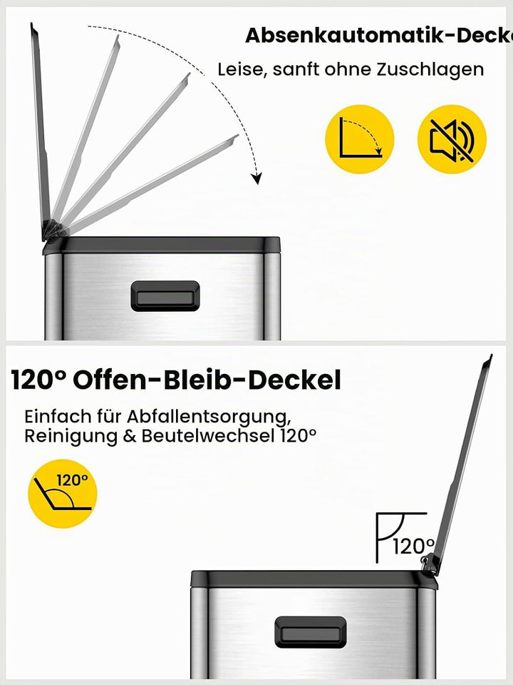 YEAUPE PRO Mülleimer Küche 2x30L Edelstahl, 60L Doppel Treteimer Mülltrennung, Abfalleimer mit Soft