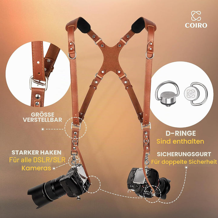 Slim Coiro Kamera-Zubehör Dual Harness Zwei Kameras - Schultergurt Leder Skinny Hellbraun, Skinny He