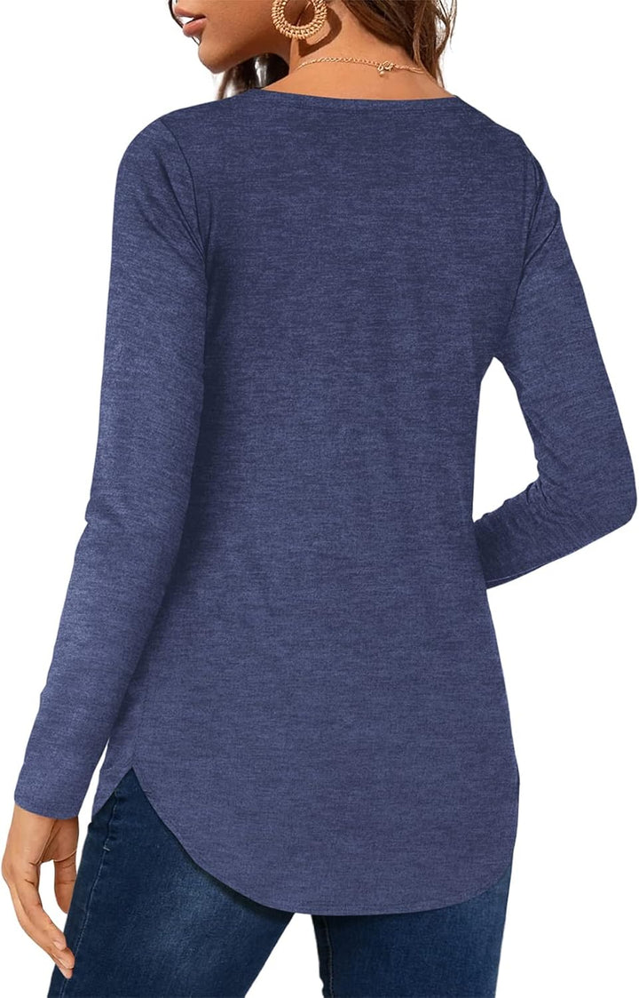 Florboom Tunika Damen Langarm/Kurzarm V Ausschnitt Oberteil Shirts Basic Casual Longshirt S A-blau,