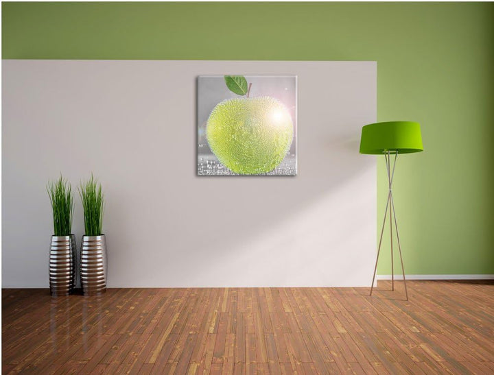 Pixxprint Grüner saftiger Apfel mit Wasserperlen schwarz/weiss, Format: 70x70 auf Leinwand, riesige