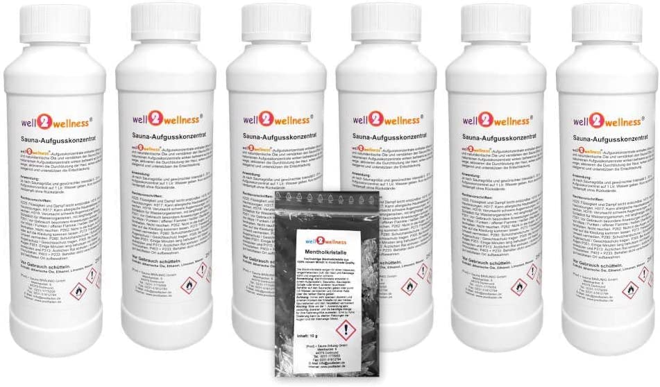 well2wellness® Saunaaufguss - Konzentrate Set 'Klassik' mit 6 x 250 ml + gratis 10g Mentholkristalle