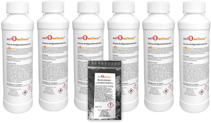 well2wellness® Saunaaufguss - Konzentrate Set 'Klassik' mit 6 x 250 ml + gratis 10g Mentholkristalle