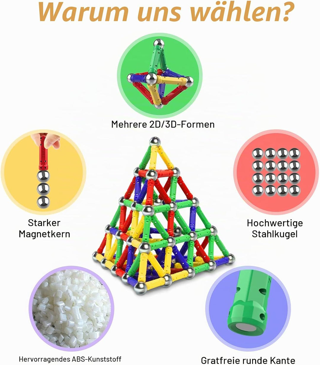 Jvchengxi 144 Stücke Magnetische Bausteine, Magnetische Stöcke Spielzeug, Magnet Lernspielzeug, 3D P