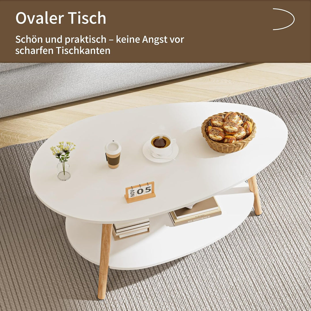 Massivholz Teetisch, Oval-Doppelschicht-Couchtisch, Runder Tisch für das Wohnzimmer, Couchtisch, Sei