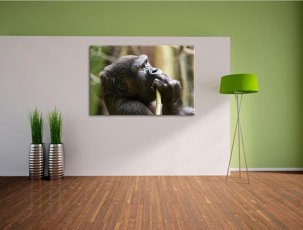 Pixxprint Gorilla isst auf Leinwand, XXL riesige Bilder fertig gerahmt mit Keilrahmen, Kunstdruck au