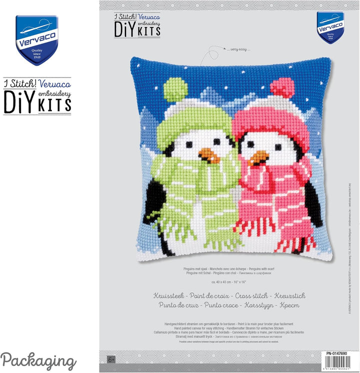 Vervaco Pinguine mit Schal Kreuzstichkissen/Stickkissen vorgedruckt, Baumwolle, Penguins with Scarf,