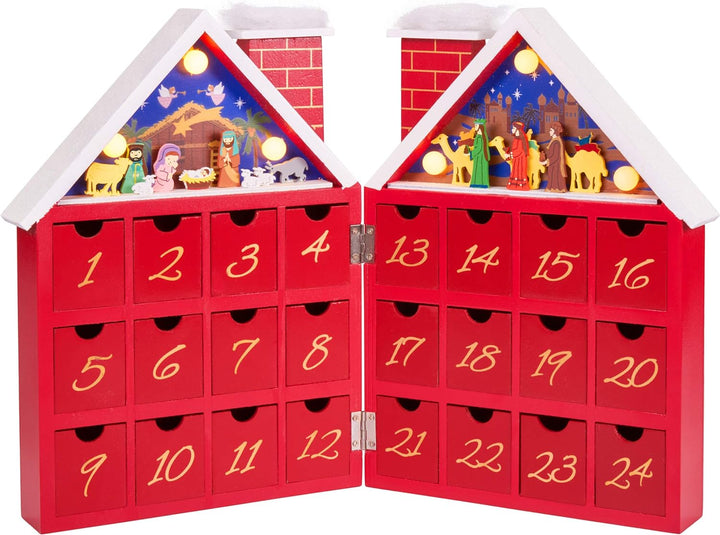 BRUBAKER Adventskalender aus Holz zum Befüllen - Rotes Weihnachtshaus mit Krippenspiel und LED-Beleu