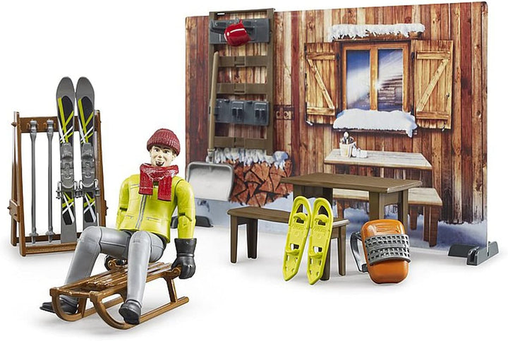 bruder 63102 - Bworld Berghütte mit Snowmobil & Figur - 1:16 Schneemobil Skifahrer Winter Spielzeug