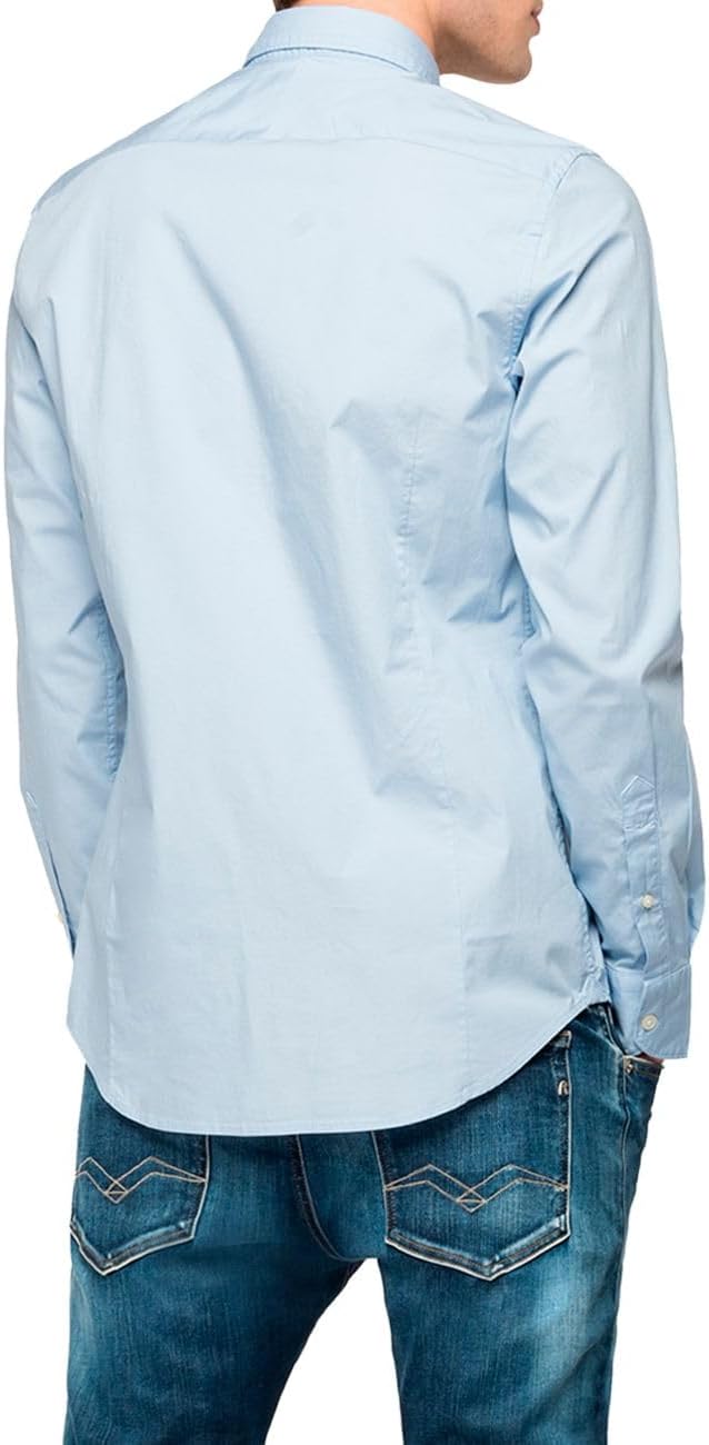 Replay Herren Hemd Langarm mit Stretch, S Azure 905