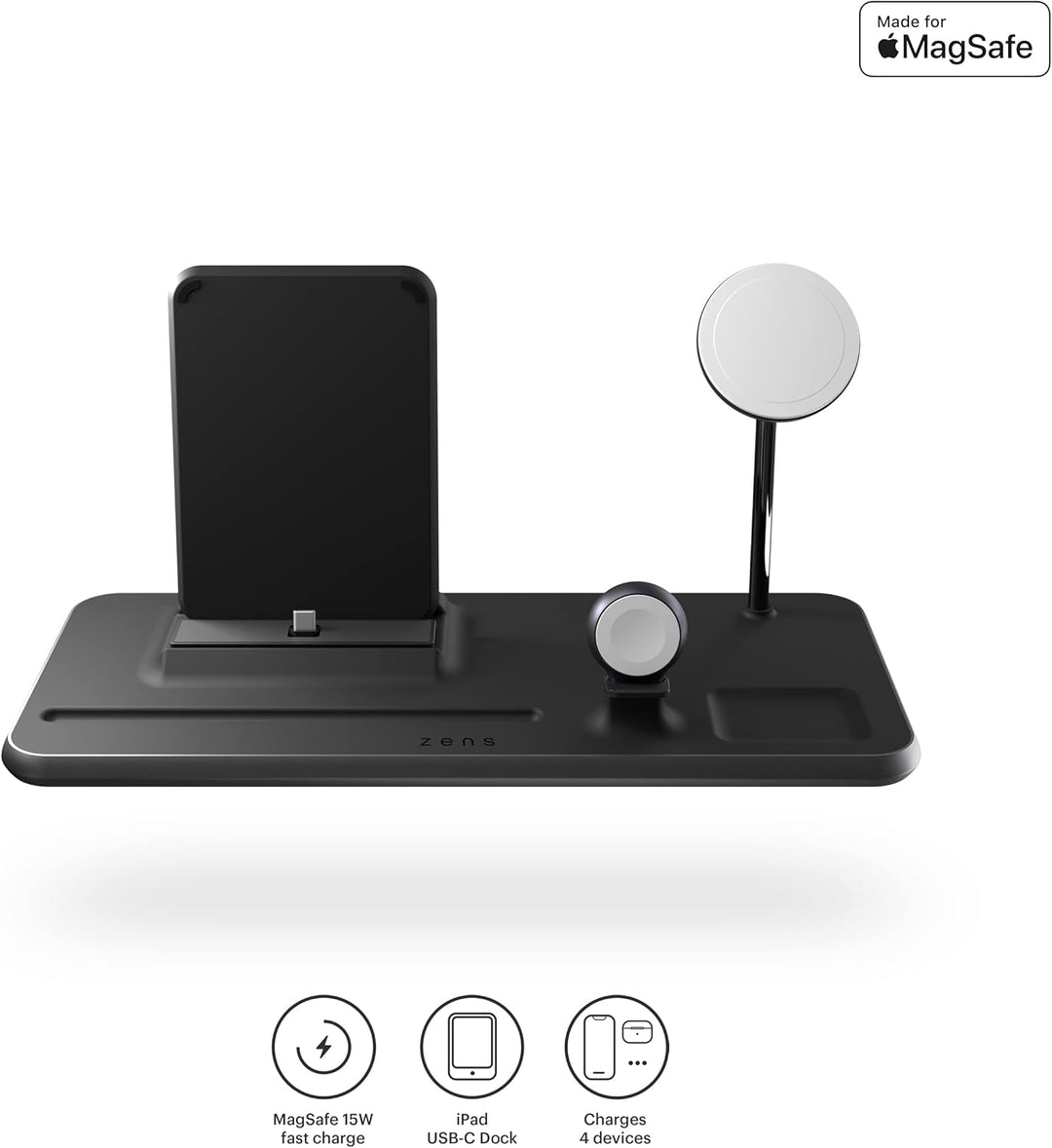 ZENS Aluminium MagSafe Ladestation 4in1 für iPhone, iPad, AirPods, Apple Watch und -Pencil (Qi/Mfi u