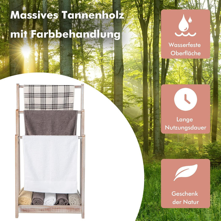 COSTWAY Handtuchständer freistehend, Handtuchhalter Holz mit 3 Handtuchstangen & unterer Ablage & Ki