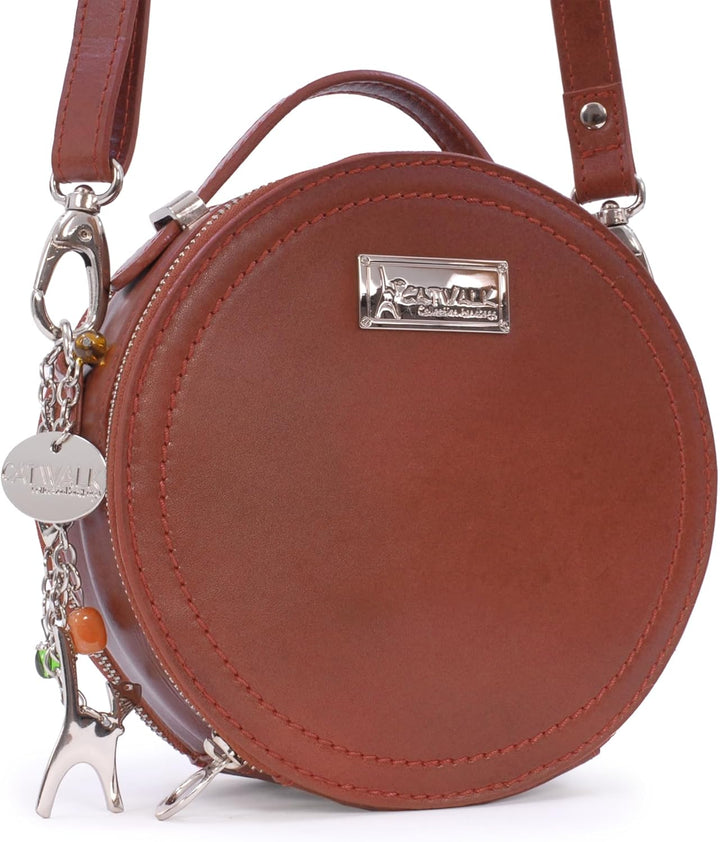 Catwalk Collection Handbags - Damen Runde Leder Umhängetasche - Henkeltasche/Handtasche Klein - Abne