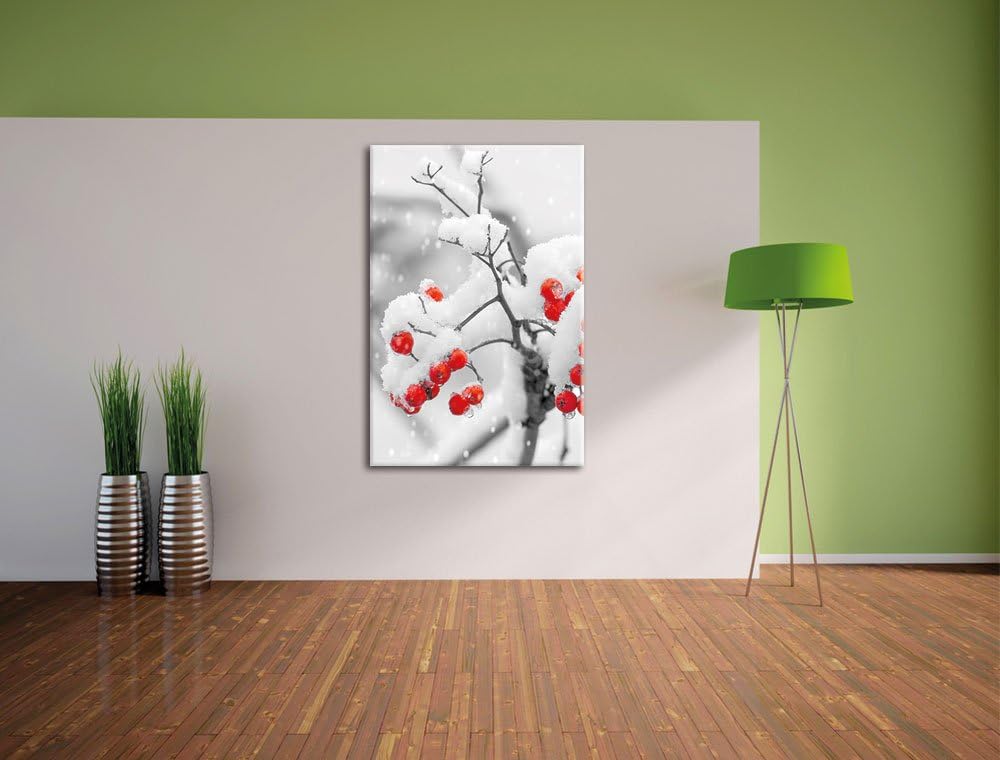Pixxprint Rote Vogelbeeren im Winter als Leinwandbild/Grösse: 100x70 cm/Wandbild/Kunstdruck/fertig b