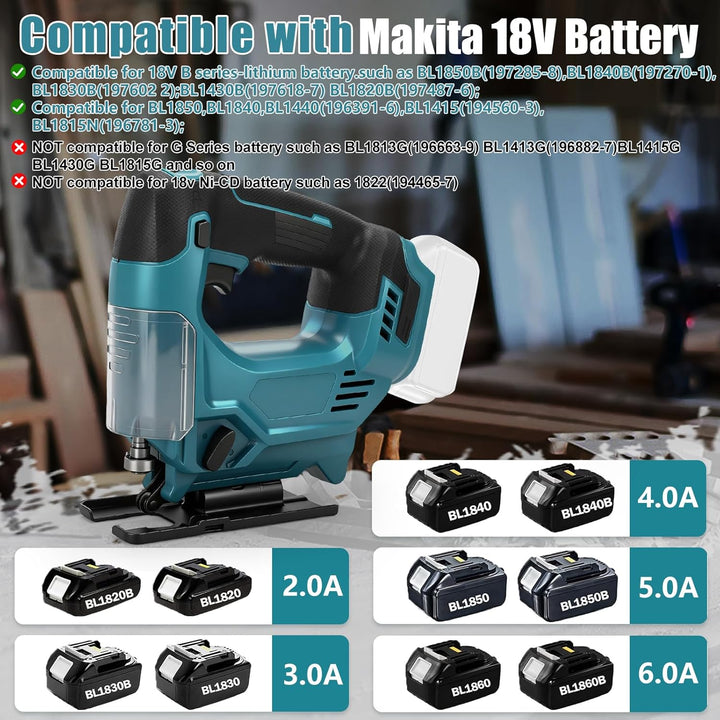 Stichsäge Kompatibel mit Makita 18V Akkus, Bürstenlose Pendelhub Stichsäge, 26 mm Hubhöhe 45° Schräg