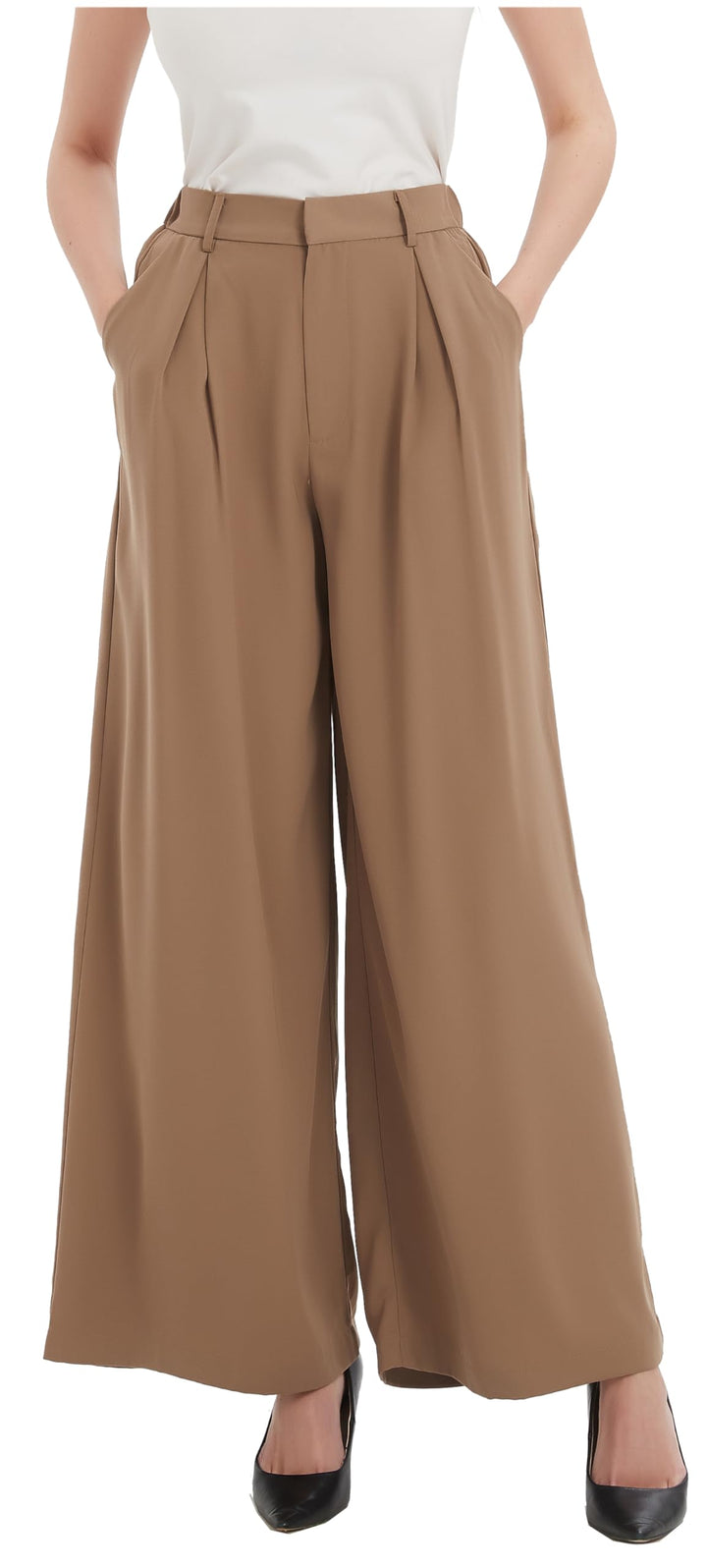 Tronjori Damen Hose Weites Bein Frauen Lange Hose mit Taschen Einfarbig Lose elastische Hohe Taille