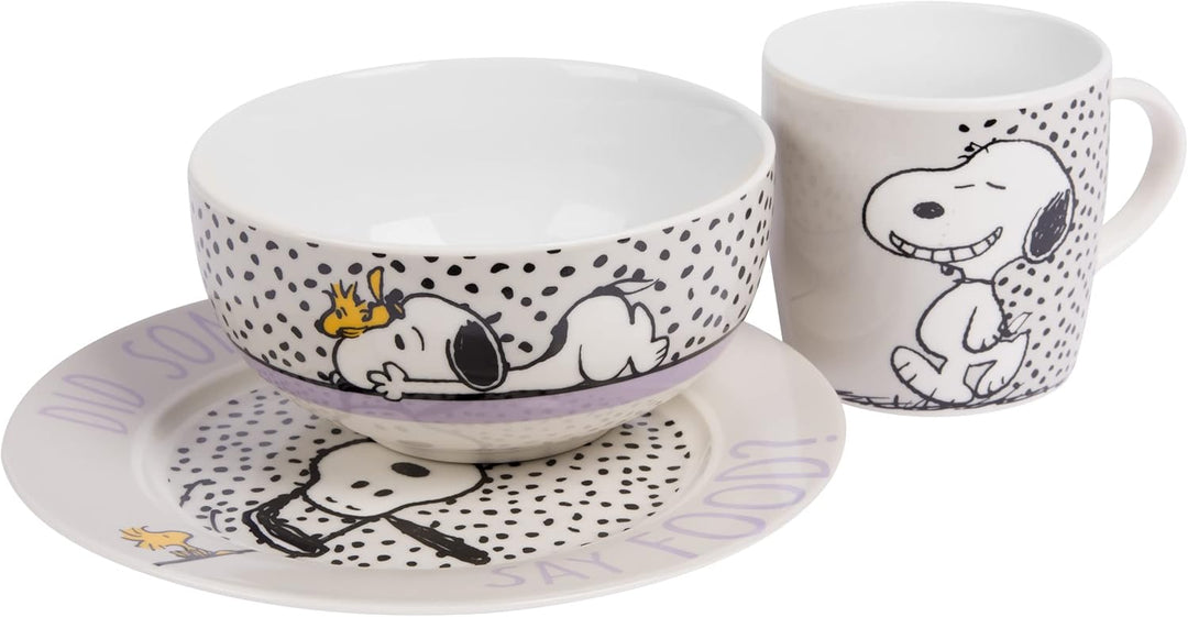 United Labels Snoopy Frühstücksset Kinder, Snoopy Did someone say food, Geschirr Set Porzellan, 3-te