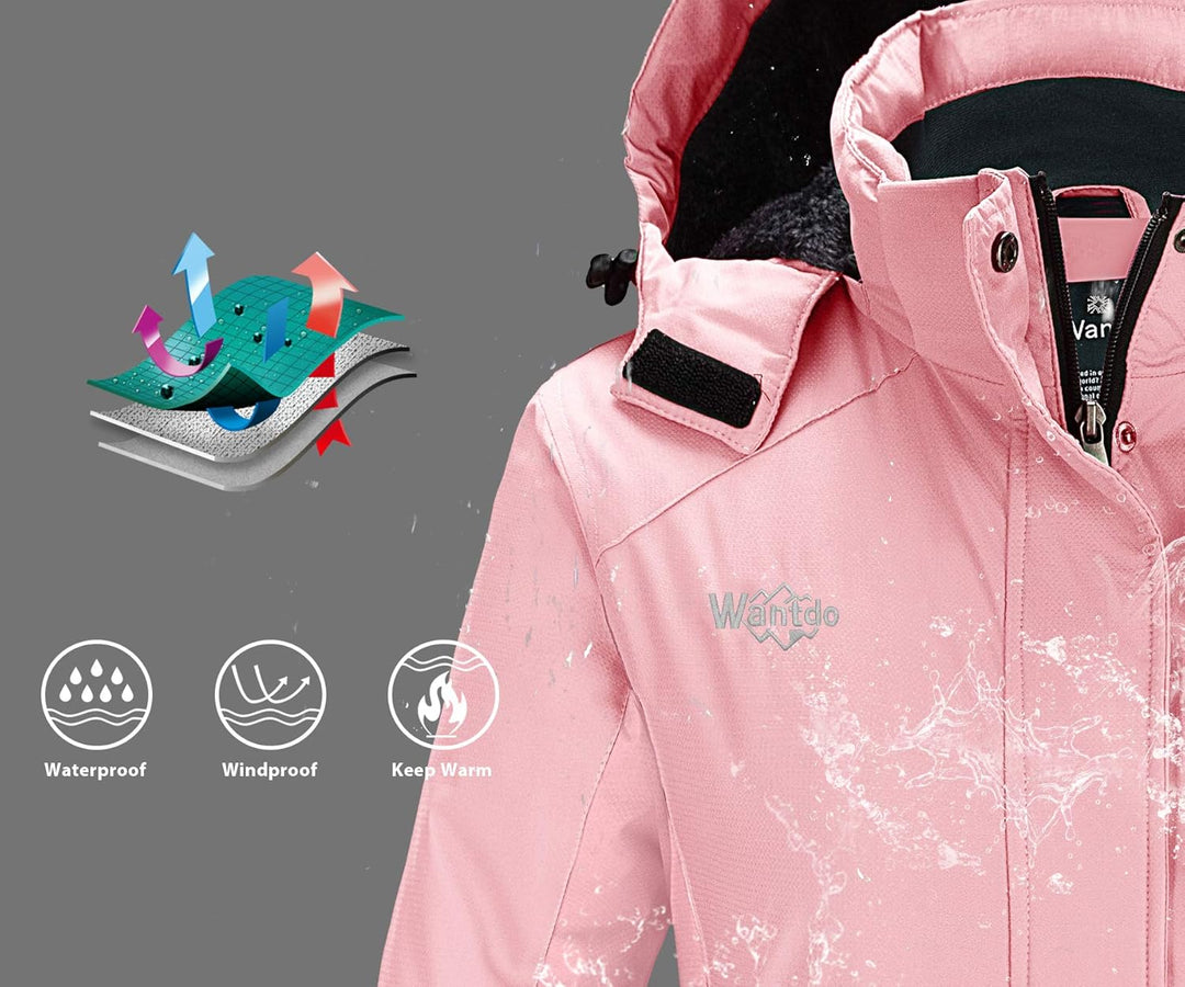Wantdo Damen Winter Skijacke Warm Fleece Mantel Berg Snowboardjacke Outdoor Kapuzen Windbreaker Jack