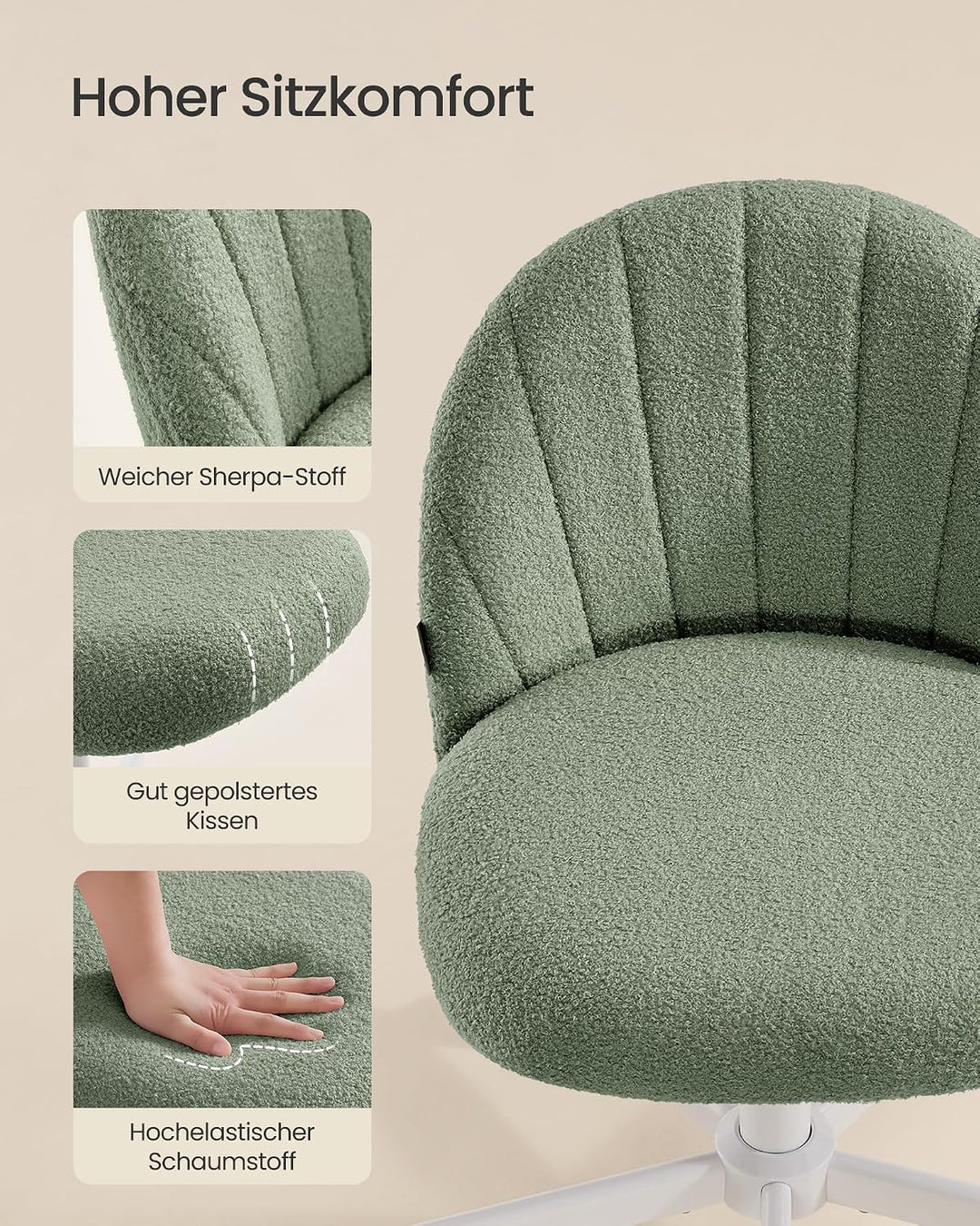 SONGMICS Homeoffice-Stuhl, Schminkstuhl aus Teddy-Fleece, Schreibtischstuhl, Schaumstoffpolsterung,