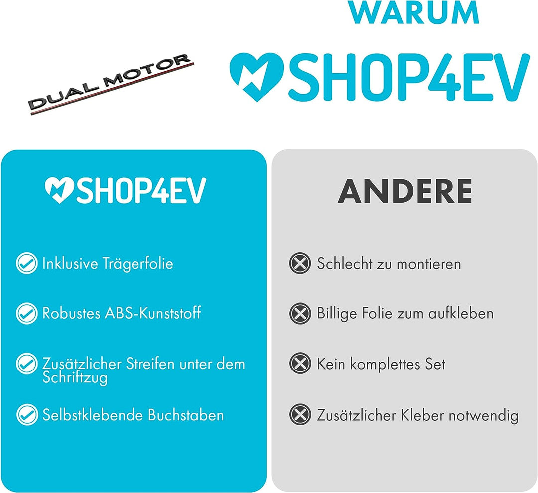 Shop4EV Dual Motor Logo-Emblem - Mattschwarz mit rotem Unterstrich, für Tesla Model Y/3, Langlebiges
