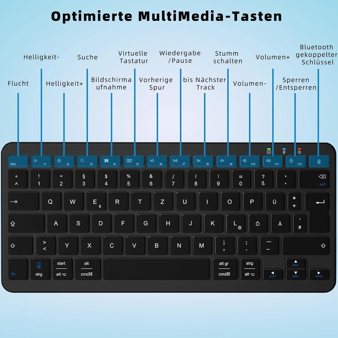 Qulose Kabellose Bluetooth Tastatur, Wiederaufladbare Mini Tastatur Type-C, Funk Tastatur, Ultraslim