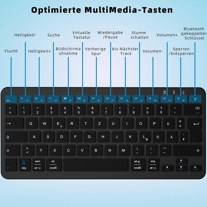 Qulose Kabellose Bluetooth Tastatur, Wiederaufladbare Mini Tastatur Type-C, Funk Tastatur, Ultraslim