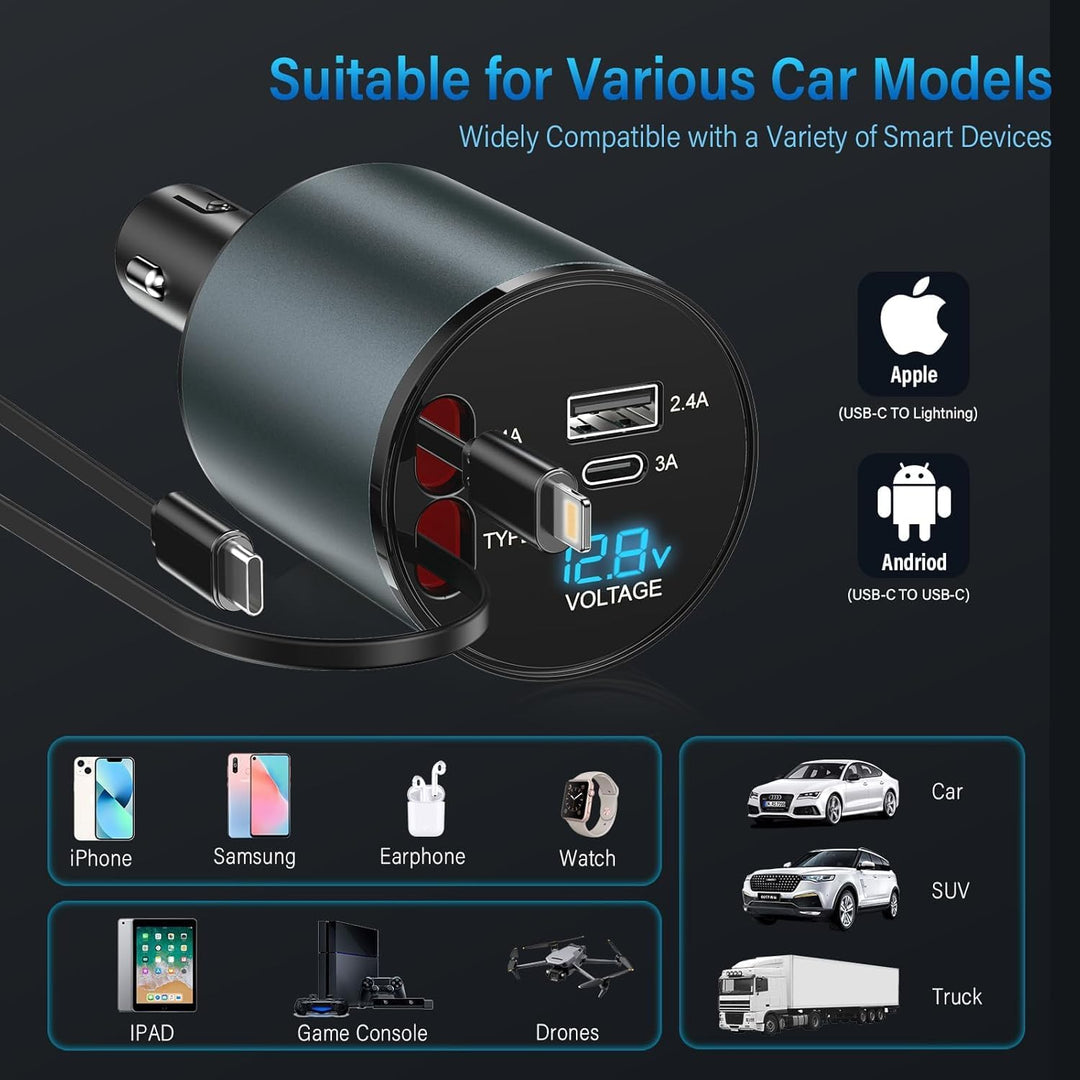 Auto Ladegerät Zigarettenanzünder USB C 4 in 1 56W - KFZ Ladegerät mit 2 einziehbaren Kabeln(Type C,