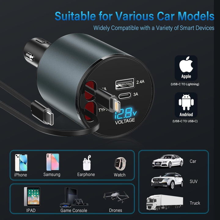 Auto Ladegerät Zigarettenanzünder USB C 4 in 1 56W - KFZ Ladegerät mit 2 einziehbaren Kabeln(Type C,