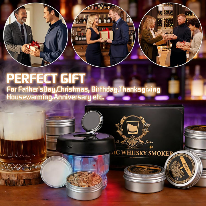 Whisky Smoker Set,Wiederaufladbarer Cocktail Smoker Kit mit 6 Flavors Holzspänen,RGB Licht,für Whisk