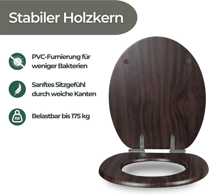 WC-Sitz mit Absenkautomatik Holz – stabiler Toilettendeckel Holz mit Spezialscharnieren, Klodeckel H