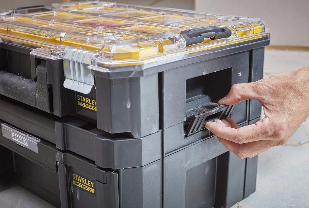 Stanley FatMax Organizer (stapelbare Werkzeugbox, mit transparentem Deckel, mit 10 Sortiereinsätzen