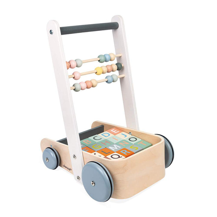 Janod - Sweet Cocoon ABC Buggy - Baby Lauflernwagen aus Holz mit 20 Alphabet Bausteinen mit Zahlen +