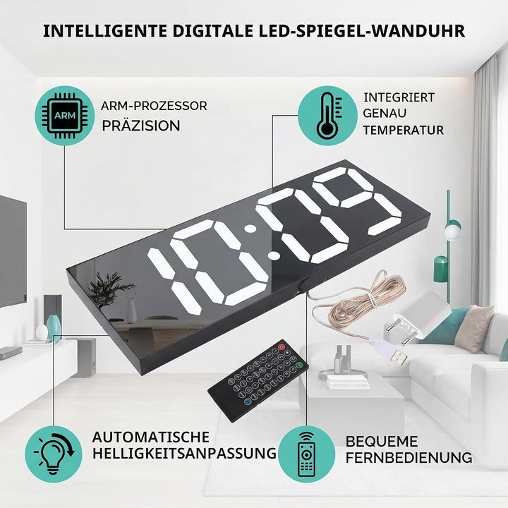 Ymiko Grosse LED-Digitaluhr, Wanduhr, elektronisch, Spiegel, digital, LED, 100 – 240 V, mit Fernbedi