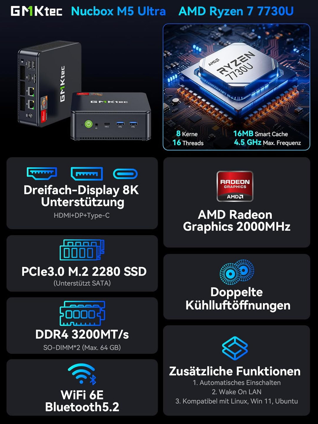 GMKtec AMD Mini PC Ryzen 7 7730U(Schlagen Sie Ryzen 7 5825U) (8 C/16 T4,50 GHz), W-11 Pro 16 GB RAM+