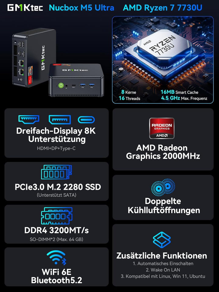GMKtec AMD Mini PC Ryzen 7 7730U(Schlagen Sie Ryzen 7 5825U) (8 C/16 T4,50 GHz), W-11 Pro 16 GB RAM+
