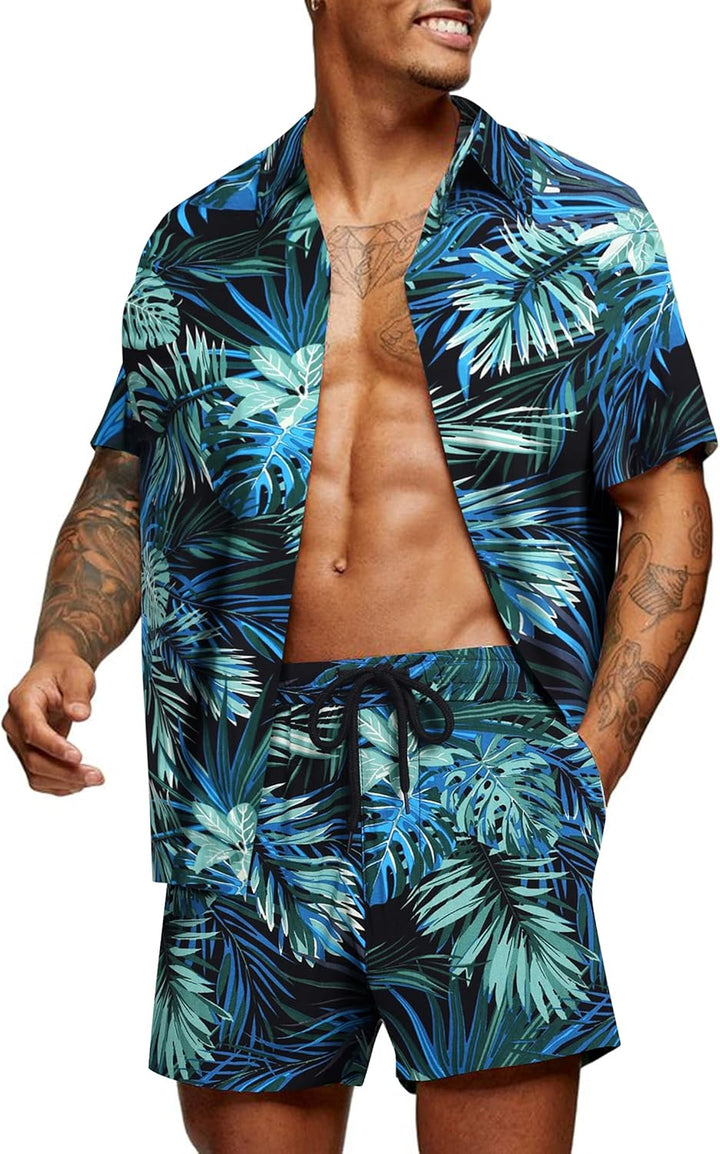 COOFANDY Herren Kurzarm Hemd Blumen Hawaiihemd und Shorts Set Floral Party Outfit Männer Button Down