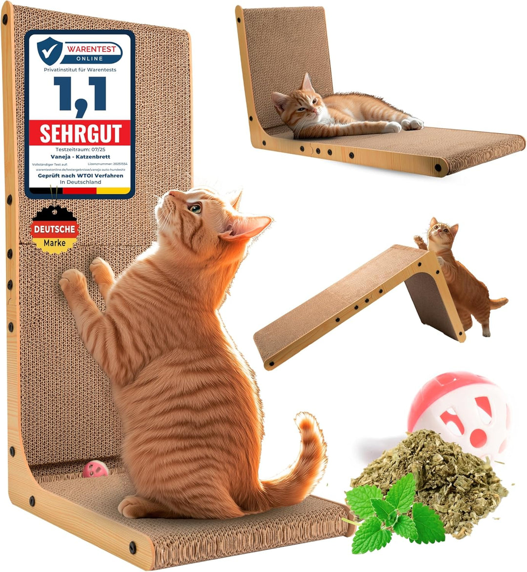 XXL Kratzbrett Katze 70 cm L-förmige Kratzpappe mit Ballspielzeug und Katzenminze, widerstandsfähige