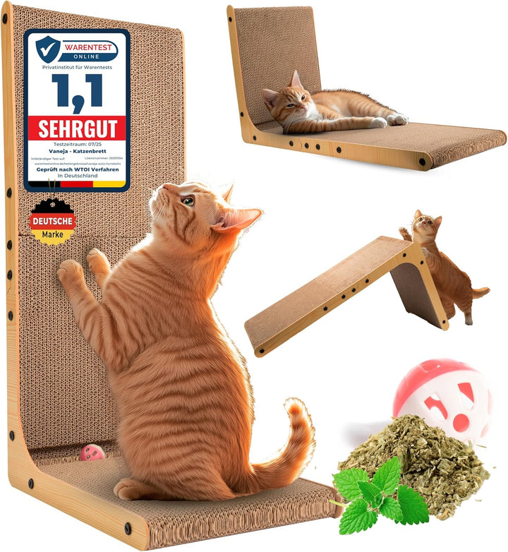 XXL Kratzbrett Katze 70 cm L-förmige Kratzpappe mit Ballspielzeug und Katzenminze, widerstandsfähige