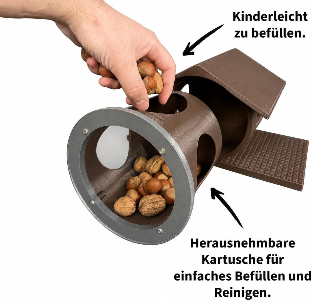 Eichhörnchen Futterhaus mit seitlichen Rundöffnungen - Leicht zu befüllen Dank herausnehmbarer Kartu