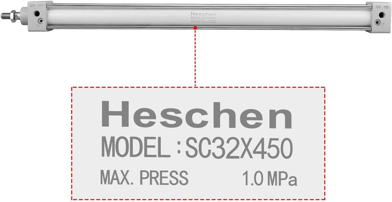 Heschen Pneumatischer Standard-Zylinder, SC 32-450, PT1/8 Anschluss, 32mm Bohrung, 450mm Hub, Einzel
