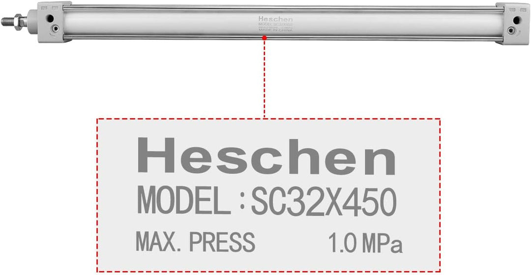 Heschen Pneumatischer Standard-Zylinder, SC 32-450, PT1/8 Anschluss, 32mm Bohrung, 450mm Hub, Einzel