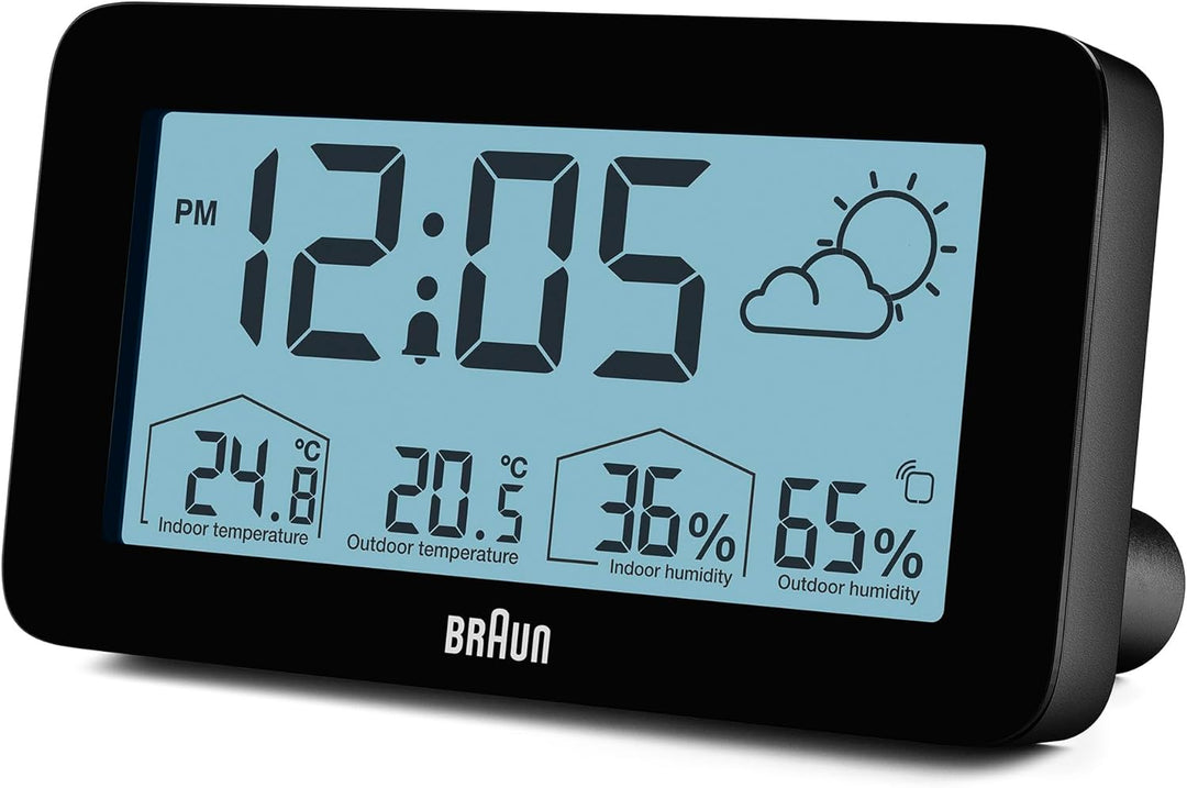 Digitale Braun-Wetterstationsuhr mit Anzeige von Innen- und Aussentemperatur sowie Luftfeuchtigkeit,