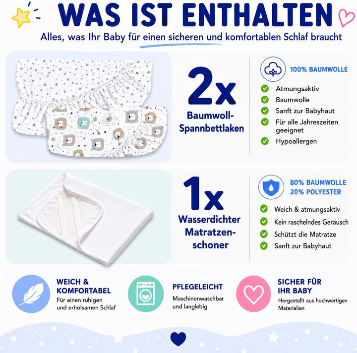 FlyIdeas Spannbettlaken 60x120 cm fur Babybett, 3 STK. - 100% Reine und Sanft Baumwolle - 2 Spannbet